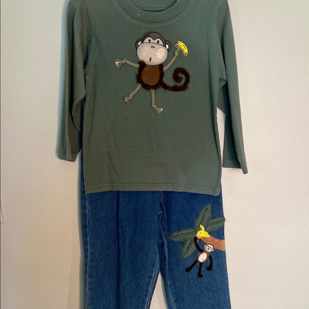 Monkey 3 D appliqué Matching Set - Denim Green and Blue​